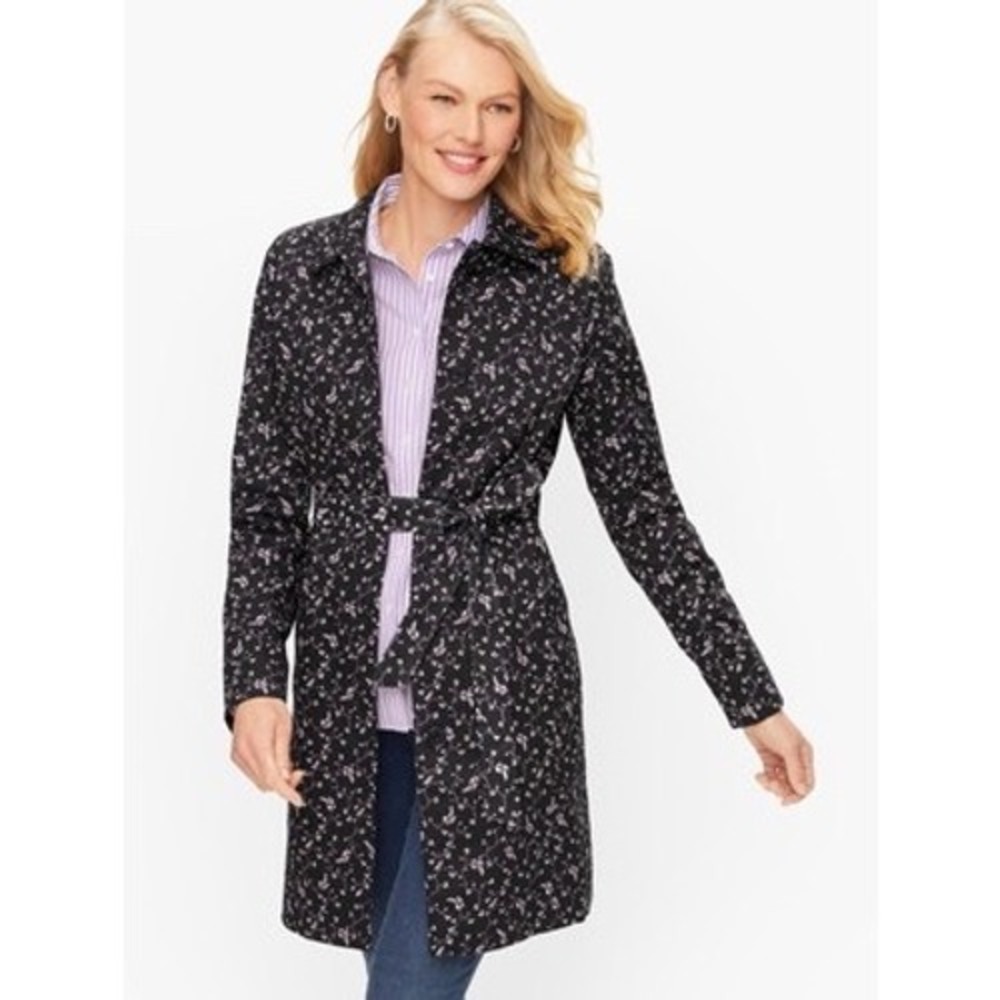TALBOTS Black, Lavender & White Trench Coat Tie Waist | Size Large